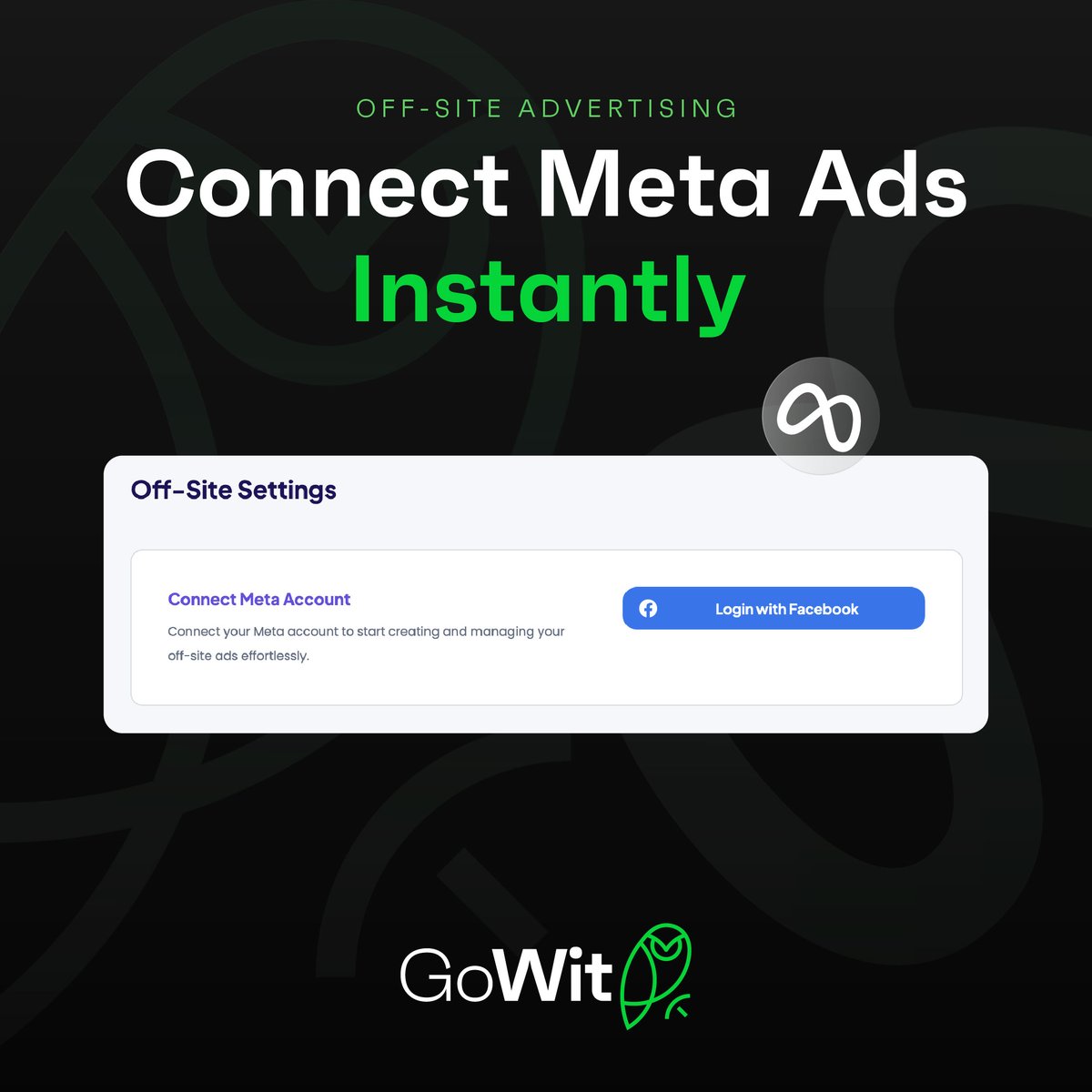 gowit's tweet photo. 🚀 Connect your #Meta account and start #offsite #advertising instantly!

Effortlessly use your existing #GoWitRMA product feed to launch campaigns across #Facebook, #Instagram, #Messenger, and the #AudienceNetwork. https://t.co/4K8B08mAX7