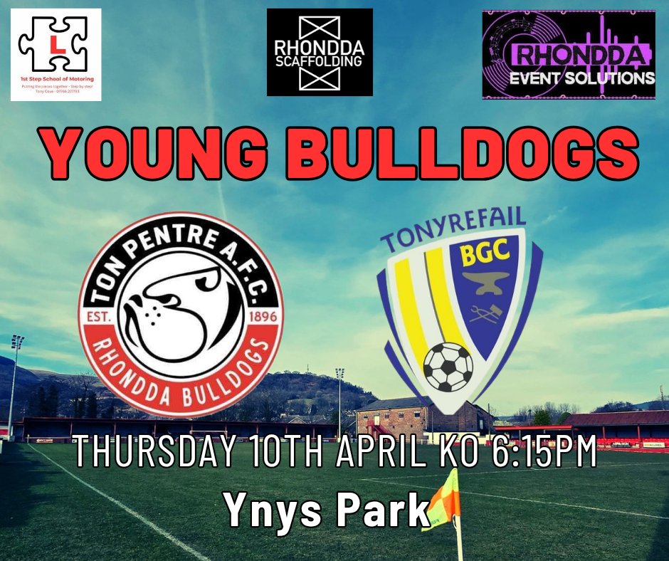 TonPentreFC's tweet photo. Our Youth are back in action this Thursday in what promises to be a fantastic Rhondda derby against league leaders Tonyrefail.

Kick off at Ynys Park is at 6:15pm

Come and show the boys your support.

#WeAreBulldogs🔴⚪️ https://t.co/Cq6tBGcwNJ