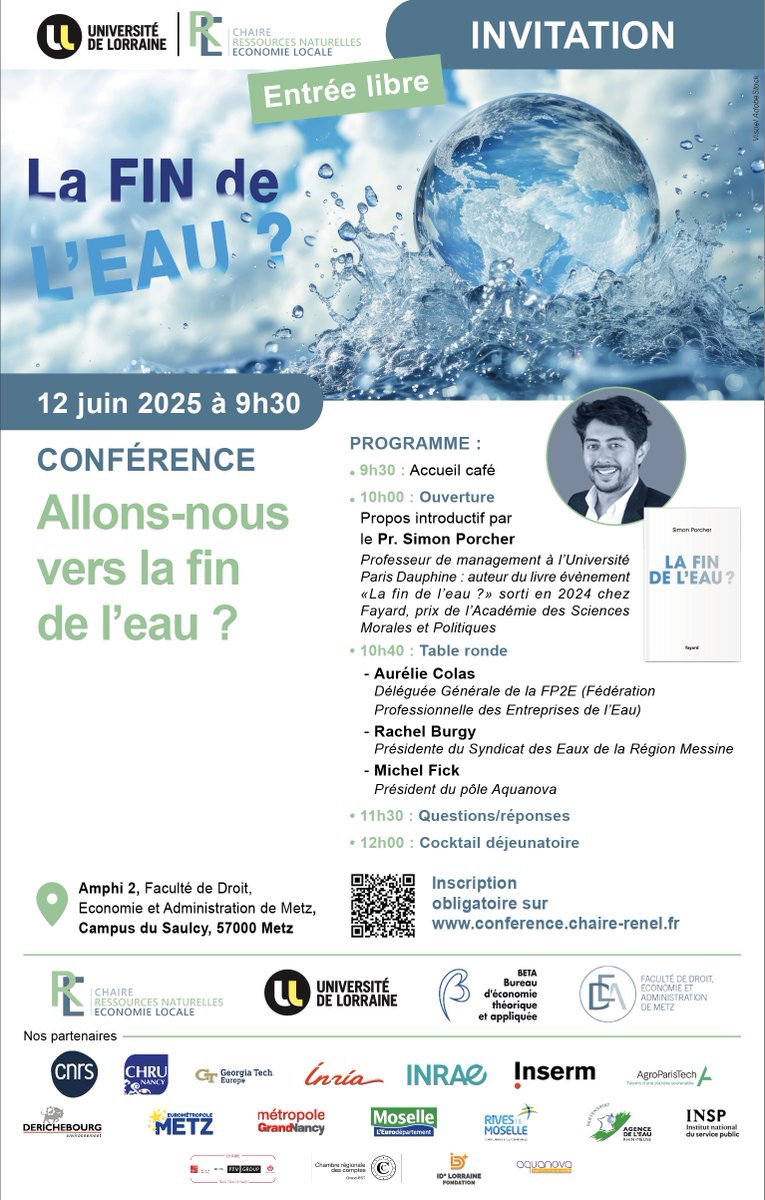 🌊 Conférence RENEL – 12 juin à Metz
🕘 9h30 : Café
🎙️ 10h : Pr. <a href="/SimonPorcher/">SimonPorcher</a> 
💬 10h40 : Table ronde
❓ 11h30 : Q/R
🥂 12h : Cocktail
🎟️ Gratuit sur inscription 👉 conference.chaire-renel.fr

#Eau #Conférence #ChaireRENEL #UniversitéDeLorraine