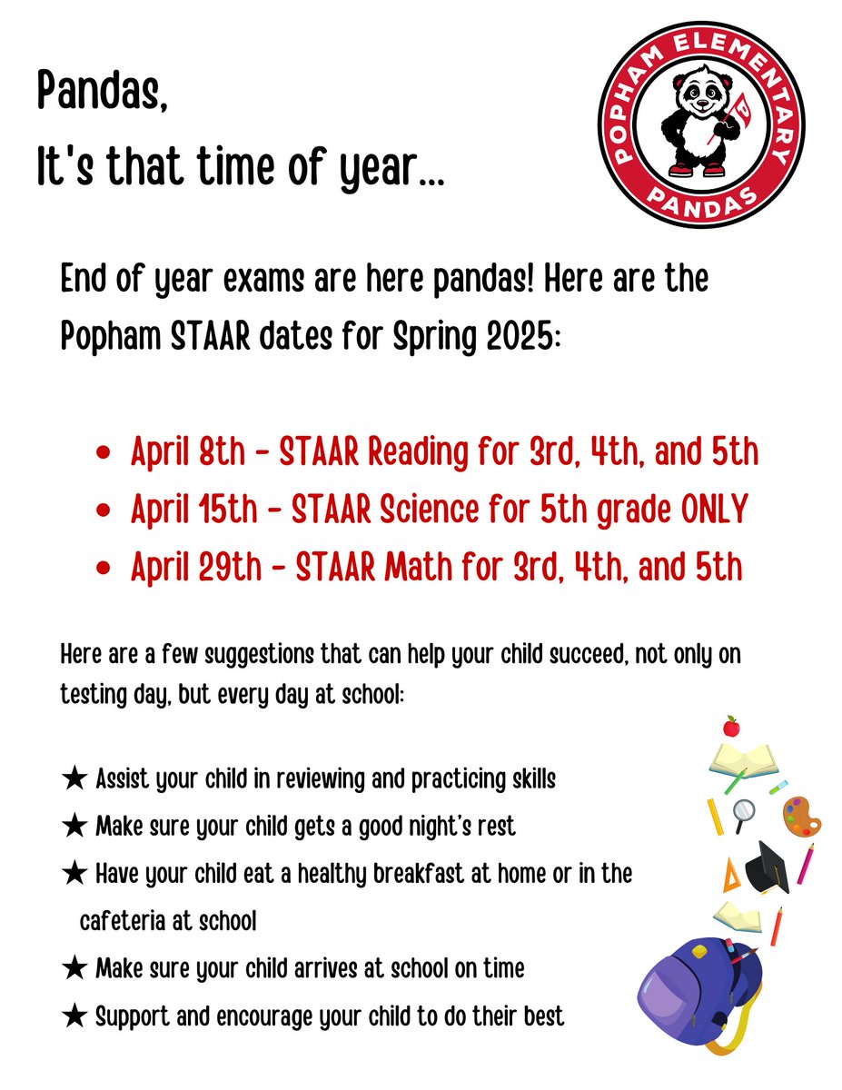 Good morning Pandas, students are taking the STAAR Reading Test today. During testing days our campus will be on a FULL SHUTDOWN, which means we cannot have any visitors on campus. If your student is not at school please try to get them here ASAP. Thank you for your support!