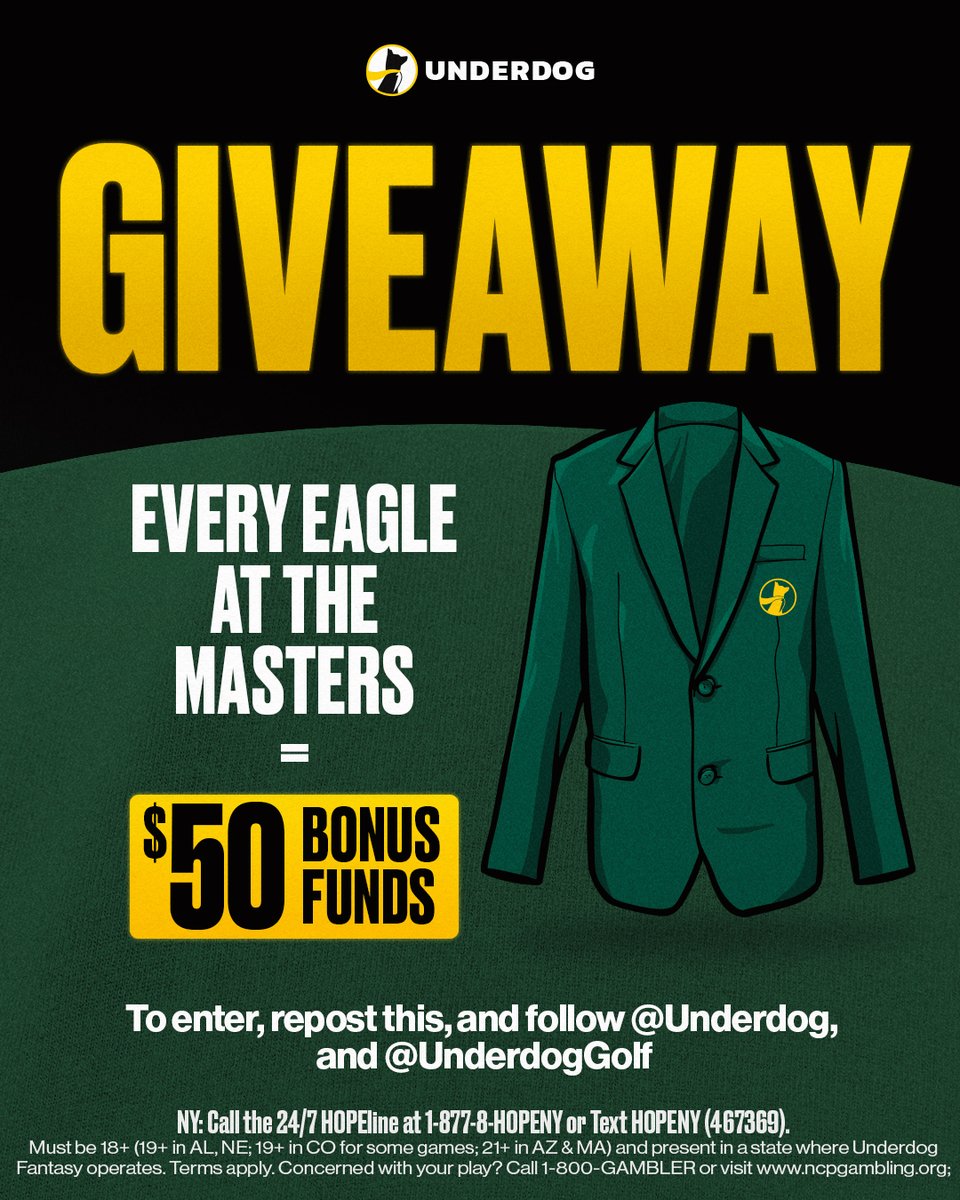 💰 BONUS FUNDS GIVEAWAY 💰

We're sending out $50 in Bonus Funds for every Eagle in The Masters this year 🙌

To enter, just...
1⃣ Repost this
2⃣ Follow us <a href="/Underdog/">Underdog</a>
3⃣ Follow <a href="/UnderdogGolf/">Underdog Golf</a>
