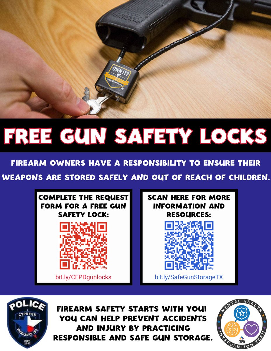 CFISDPDMHIT's tweet photo. Summer is approaching, let's be sure to practice safe firearm storage to prevent any accidents at home. Please reach out to get your FREE gun safety lock. https://t.co/CnmQpWkQJs