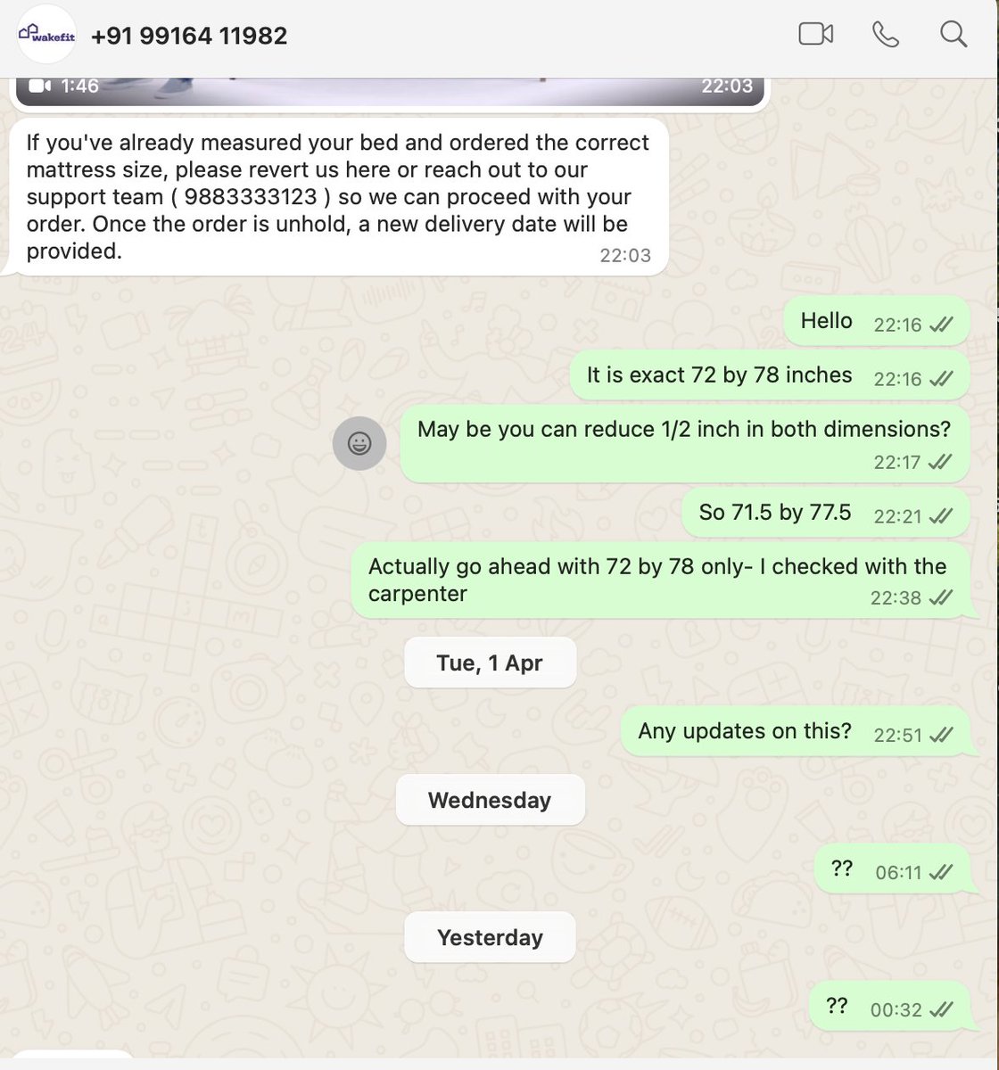 adityabansal98's tweet photo. Pathetic experience with @WakefitCo . Ordered a mattress for April 8 delivery, now pushed to April 16 without notice. Order put on hold after full payment, no communication. Had to chase them on WhatsApp, got no response for days. Unprofessional. Never trusting them again. https://t.co/VFCconxY1E