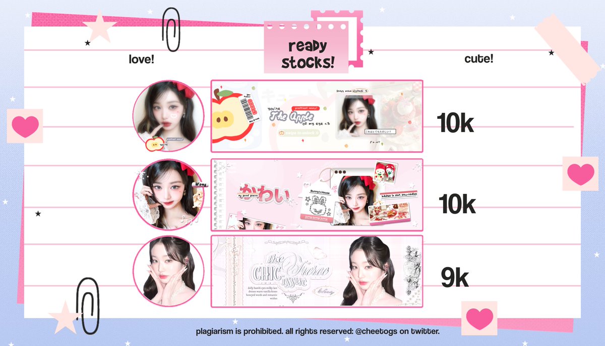 cheetogs's tweet image. help repost, thank you so much. 🍎🤍

hem-llo! 💭 Acaa ada layout ready stock wony, yujin, jiwoo, karina, ningning, irene &amp;amp; sui yang bisa kamu bawa jemput sekarang🗳️🌟

open by req and free re-text sampai gumoh🤩🤍 

&amp;lt; #zonauang &amp;gt;