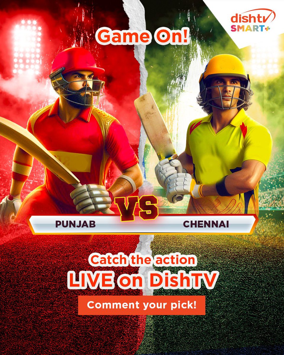 DishTV_India's tweet photo. Punjab vs Chennai – Two Titans. One Winner. Who Will It Be? 🏏🔥
Is it Punjab’s explosive energy or Chennai’s winning legacy that’ll rule the night?
Comment your team & get ready for the showdown!
#GameOnWithDishTV #DishTVSmart+ https://t.co/4YrNPyUPjq