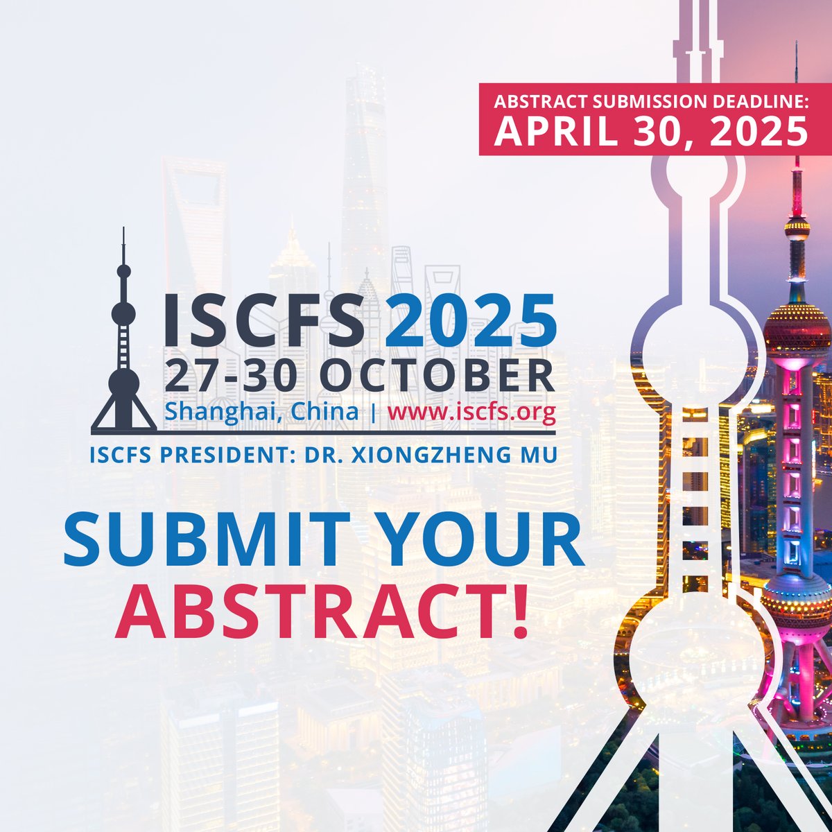 Only 2 weeks left to submit your abstract!

Join the ISCFS 2025 (Shanghai, China) as a speaker and be part of the podium.

📅 Submit your paper by April 30, 2025.

🔗 Learn more at iscfs.org/events/iscfs-2….

#iscfs2025 #iscfs