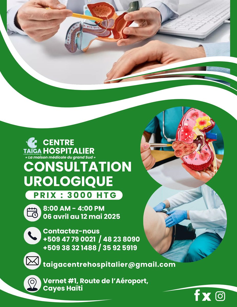 CentreTaiga's tweet photo. Urologue | Consultation | Prostate | Infection urinaire | TAÏGA Centre Hospitalier | Soins spécialisés | Prostate | Vessie | Santé des Hommes

Vous souffrez de troubles urinaires ou de la prostate ? Venez consulter notre urologue à TAÏGA Centre Hospitalier pour seulement 3000 HTG https://t.co/p4S1g7si0B