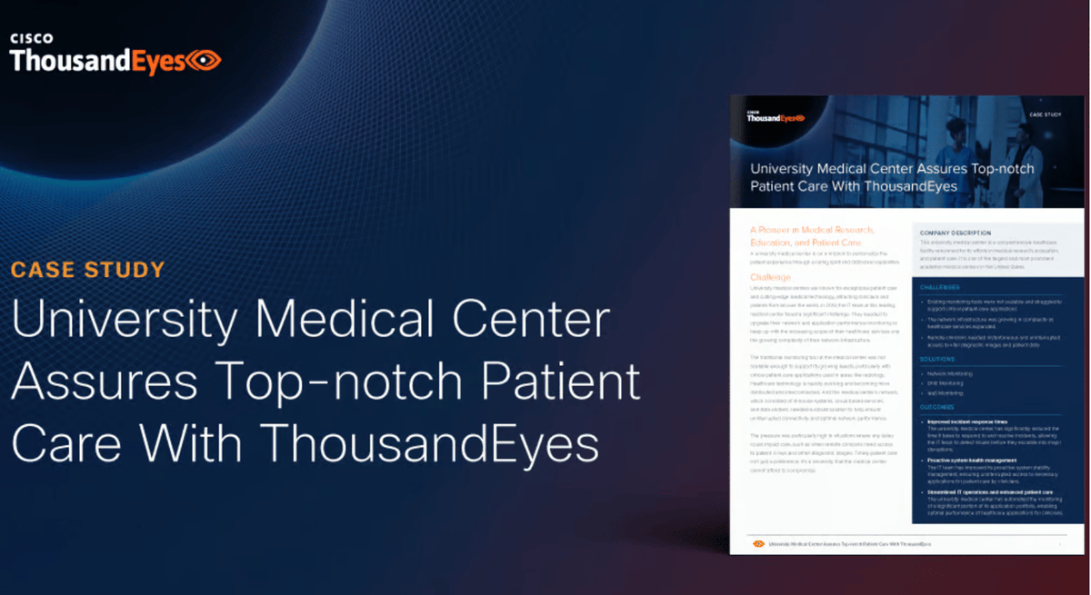 JulienGY89's tweet photo. Read this insightful case study to learn how this university medical center used ThousandEyes to achieve end-to-end visibility into the digital delivery chain of critical patient care applications, allowing them to swiftly identify issues https://t.co/zEnKAA3vR8 https://t.co/JnsDmLAknD