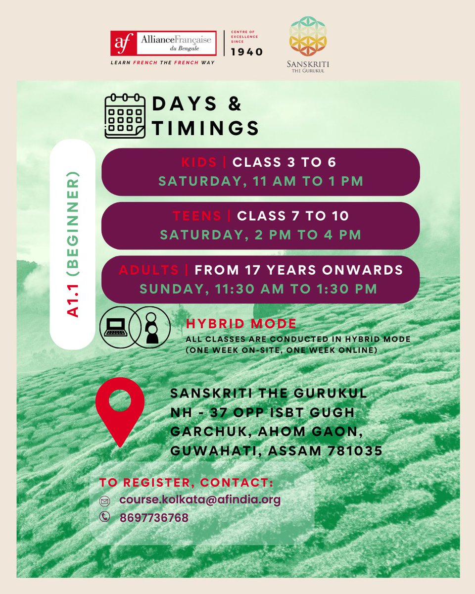 <a href="/AFduBengale/">Alliance Française du Bengale</a> is NOW also in Assam, the ONLY official French center in Assam and the entire Northeast!

NEW ANNEX in Guwahati at Sanskriti The Gurukul
French classes kick off in April 2025.

Contact us at: course.kolkata@afindia.org |  +91 86977 36768
