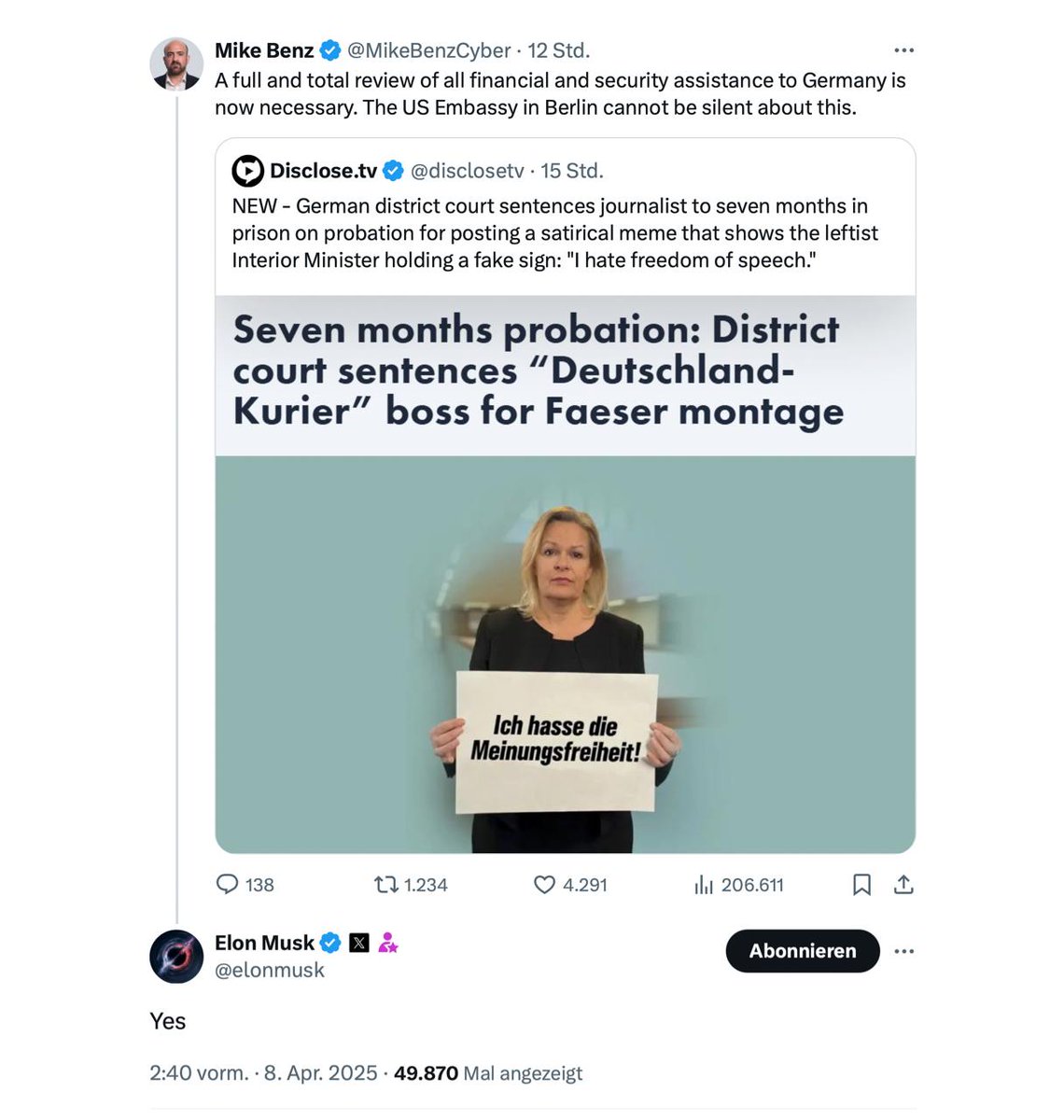 Die Amis meinen es wohl ernst mit der Meinungsfreiheit.
Mike Benz:
„Eine vollständige und umfassende Überprüfung aller Finanz- und Sicherheitshilfen für Deutschland ist jetzt notwendig. Die US-Botschaft in Berlin kann dazu nicht schweigen.“
#faeser #schwachkopf #delegitimierung