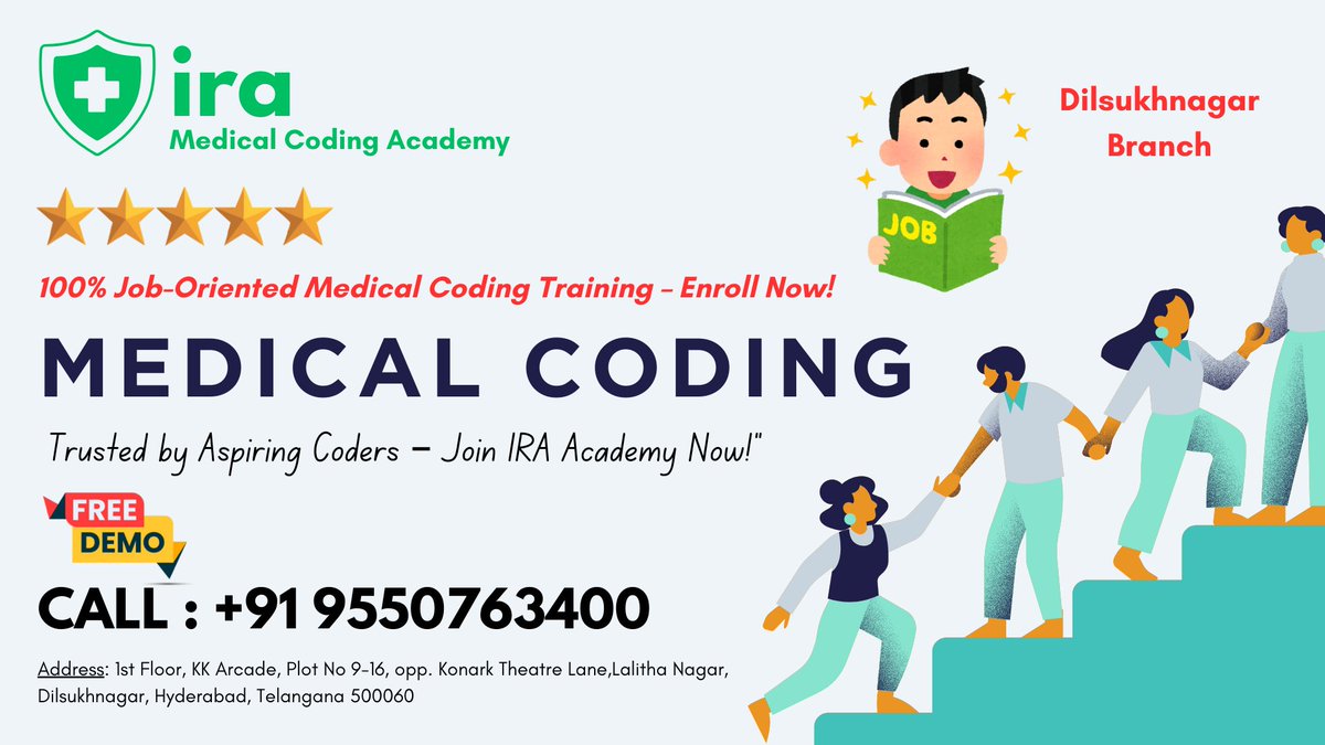 IraCoding's tweet image. IRA MEDICAL CODING ACADEMY
Accurate Coding = Faster Payments. Train with the Best!"
Address: 1st Floor, KK Arcade, Plot No 9-16, opp. Konark Theatre Lane, Lalitha Nagar, Dilsukhnagar, Hyderabad, Telangana 500060
#MedicalCoding
#IRAMedicalCoding
#CodingCareer
#HealthcareJobs