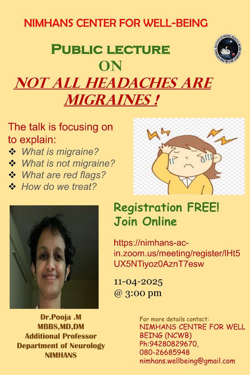 Not all Headaches are Migraines! Join Dr. Pooja M for a free online session to understand types of headaches, warning signs, &amp; effective treatments. Gain clarity and take charge of your health. April 11, 3PM
Registration Link: nimhans-ac-in.zoom.us/meeting/regist…
#Migraines
#nimhans
#Health
