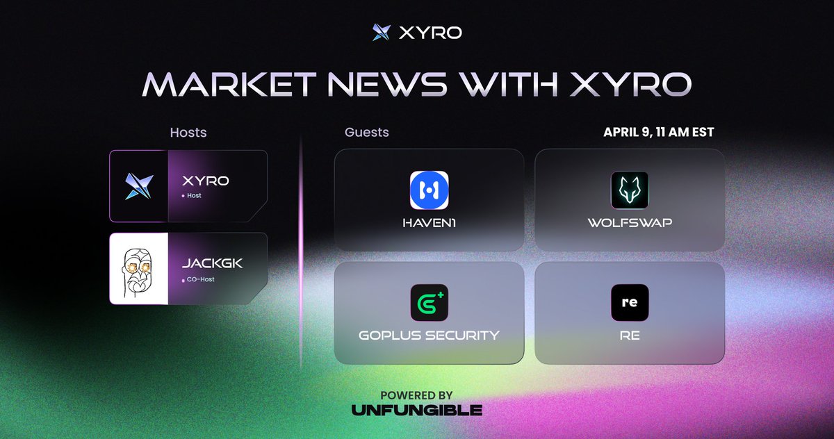 xyro_io's tweet photo. Market News With XYRO! 👾

Join us tomorrow to discuss market trends & narratives emerging from recent news! 

🔔 Set reminders for April 9, 11 AM EST

🫡 Co-Host: @jack_gk 

🫂 Guests: @Haven1official, @wolfswapdotapp, @GoPlusSecurity, @re