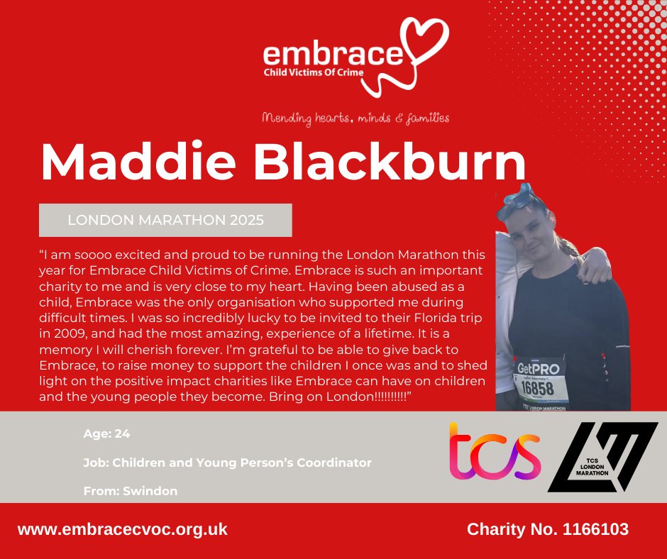 We would like to start introducing Team Embrace!

Introducing... Maddie!

Maddie will be partaking in the London Marathon on 25th April 2025.

Every donation counts and goes along way to support young people impacted by crime.

justgiving.com/page/embracema…