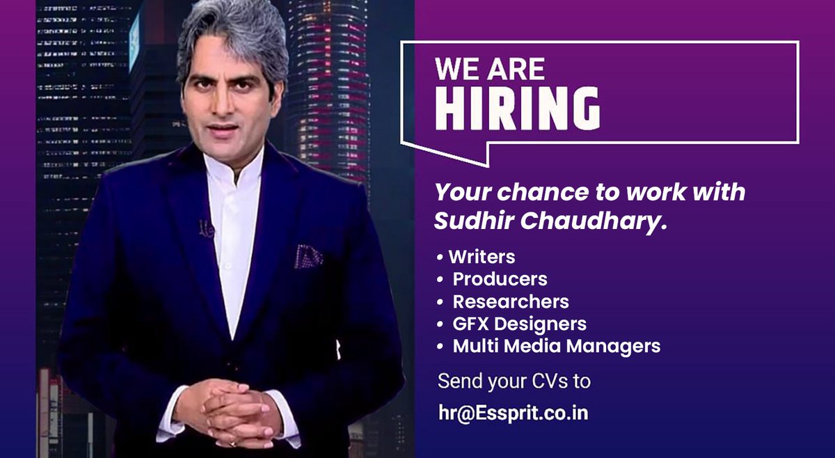 Sudhir Chaudhary (@sudhirchaudhary) on Twitter photo Now’s your chance to be part of a bold new media movement.
We’re building India’s most dynamic news startup—and we want storytellers, disruptors, and changemakers. If you’ve got passion, drive, and a knack for rewriting the rules, we want you.
Send your CVs to:
hr@Essprit.co.in Now’s your chance to be part of a bold new media movement.
We’re building India’s most dynamic news startup—and we want storytellers, disruptors, and changemakers. If you’ve got passion, drive, and a knack for rewriting the rules, we want you.
Send your CVs to:
hr@Essprit.co.in