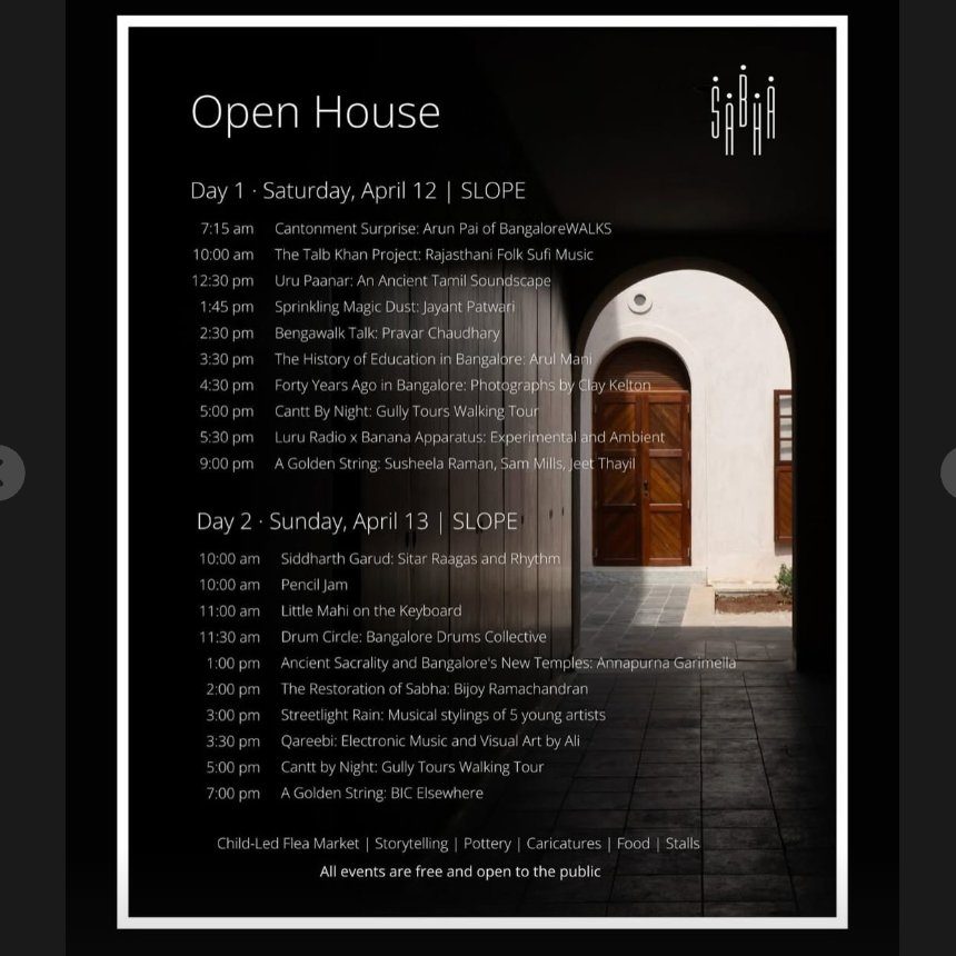 1/ For everyone who cribs that Bangalore doesn't have enough cultural things happening -

Go check out the Open House happening this weekend at the beautifully renovated Sabha!

Entry FREE!

What I'd optimise for (given it's fastest fingers first and you have to RSVP) 👇
