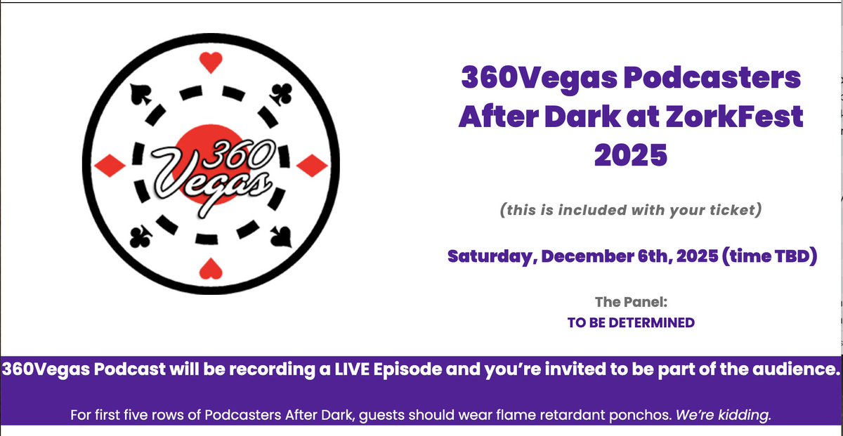 ‼️More exciting than comp caviar and Champagne! 🍾
Yes, really. 
So excited for ZorkFest 2025. 
We are also excited to announce the venue very shortly.
⁉️ Curious? Just visit ZorkFest dot com! 
🎙️360Vegas Podcasters After Dark at ZorkFest 2025