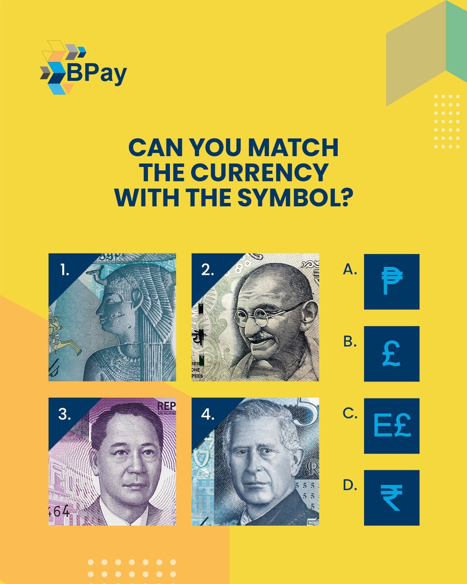 BPay_bh's tweet photo. Can you match the currencies? 💰Put yourself up to the challenge and test your knowledge! 
 Drop your answers in the comments🏆
 
 📲 Click the link in bio to download the BPay App now
 
 #BPay #Bahrain #BPayYouthCard #SimplifyLife #BPayApp https://t.co/QEb3IE43Rm