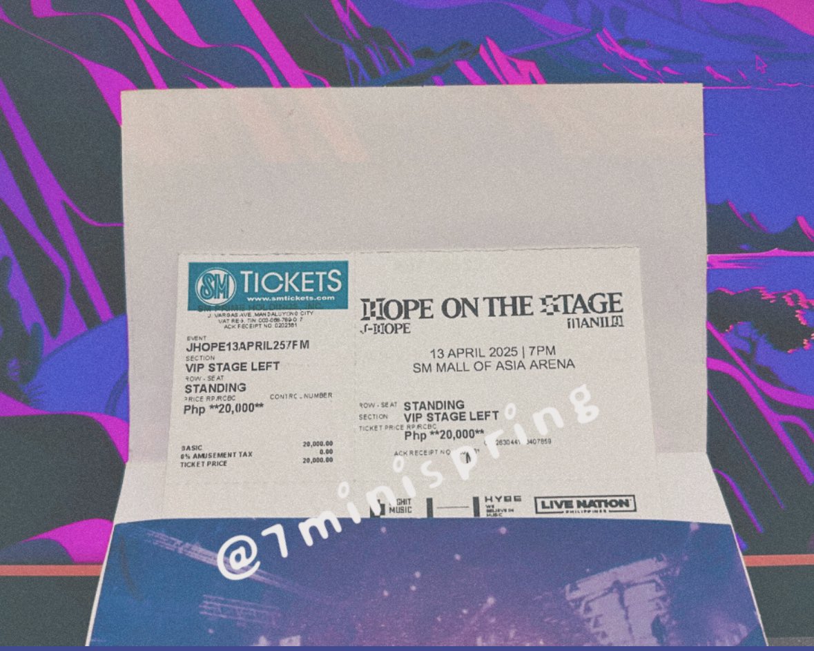 7miniSpring's tweet photo. Still can’t believe it’s real. 
I had made peace w/ not seeing Hobi in MNL.

But it came.

Paid for in (bad)BLOOD, SWEAT, and TEARS. So if you see a girl frozen, crying her heart out while staring at J-Hope like he’s the sun, just let her. She went through war to get this ticket. https://t.co/FT81EBgWOd
