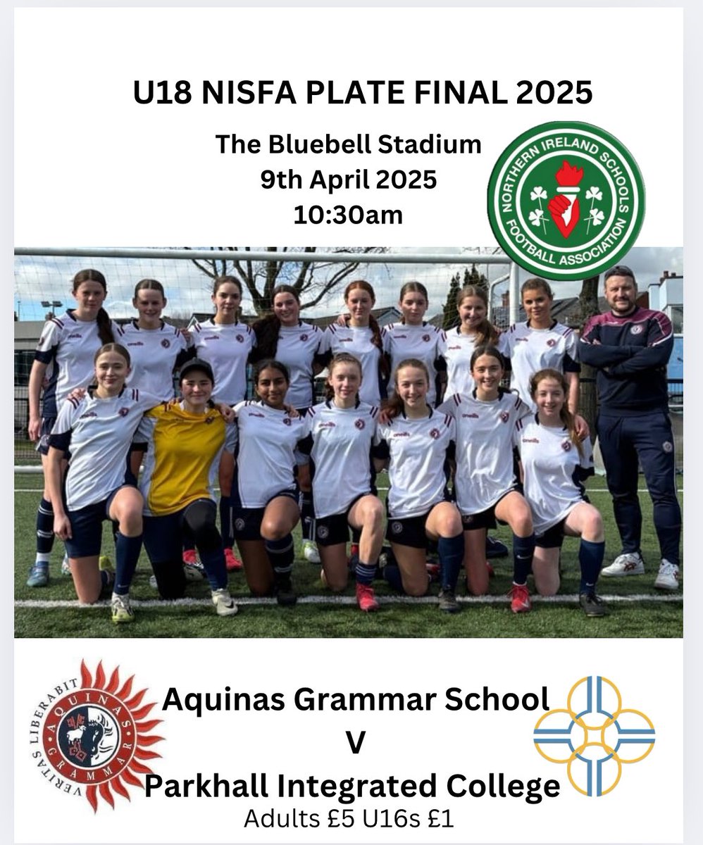 Our U18 side competes in the Northern Ireland Plate final tomorrow. 

This is our first season with a senior girls’ team and it has been an impressive one from the girls. 

Entry at the gate is £5 for adults and £1 for children.

Very best of luck from everyone at Aquinas ⚽️🟣🔵