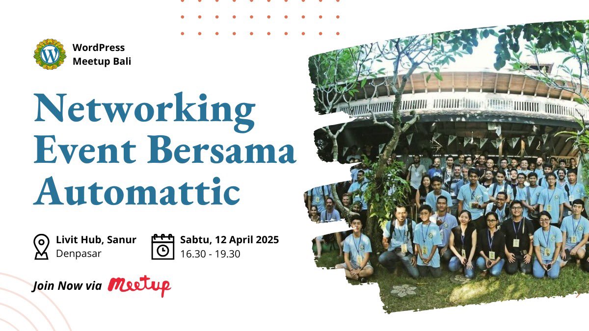 wp_bali's tweet image. Meetup Event Reminder: Networking Event Bersama Automattic!
Sabtu, 12 April 2025
16:30 - 19:30 WITA
Livit Hub Sanur
maps.app.goo.gl/8gxyJbju157Sfk…
Deadline RSVP diperpanjang s.d 9 April.
meetup.com/bali-wordpress…
Sampai jumpa Sabtu besok!