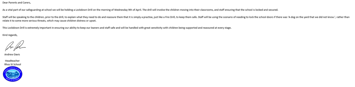 rhosstreet's tweet photo. Lockdown Drill Wednesday 9/4/25

Please see the information below regarding tomorrow's lockdown drill. https://t.co/bF2stJVEzl
