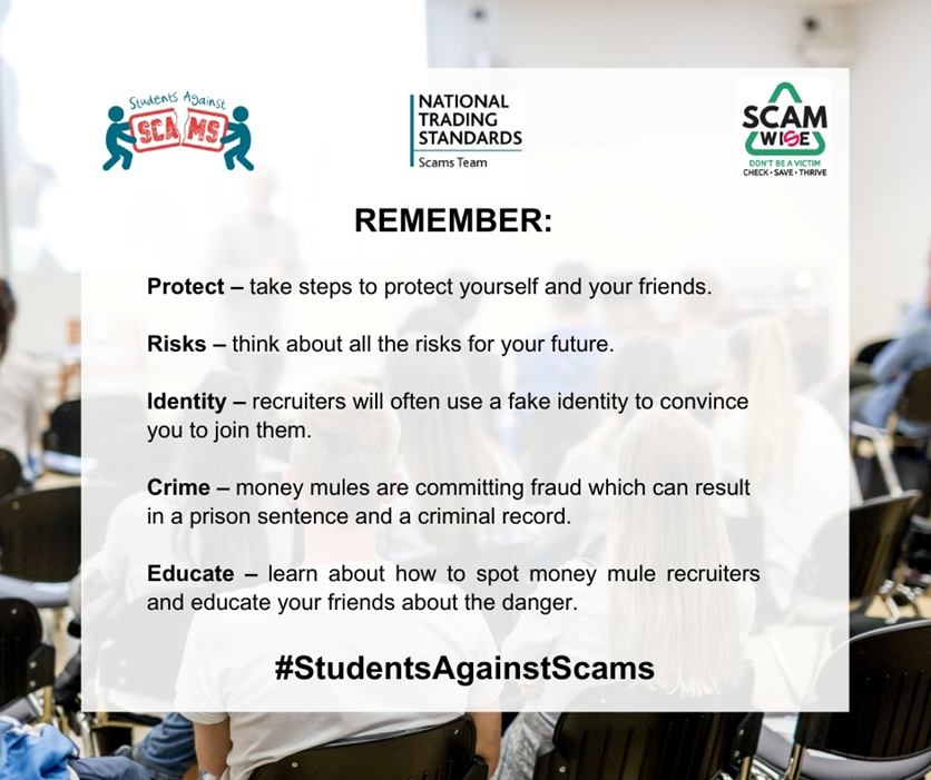 AgainstScams's tweet image. 🛡️Here's how you can protect yourself from becoming a money mule.
 
 Remember:
 
 Protect
 Risks
 Identity
 Crime
 Educate
 
Find out how you can support the project here⤵️
 friendsagainstscams.org.uk/students
 
 #StudentsAgainstScams
 #ScamAwareness