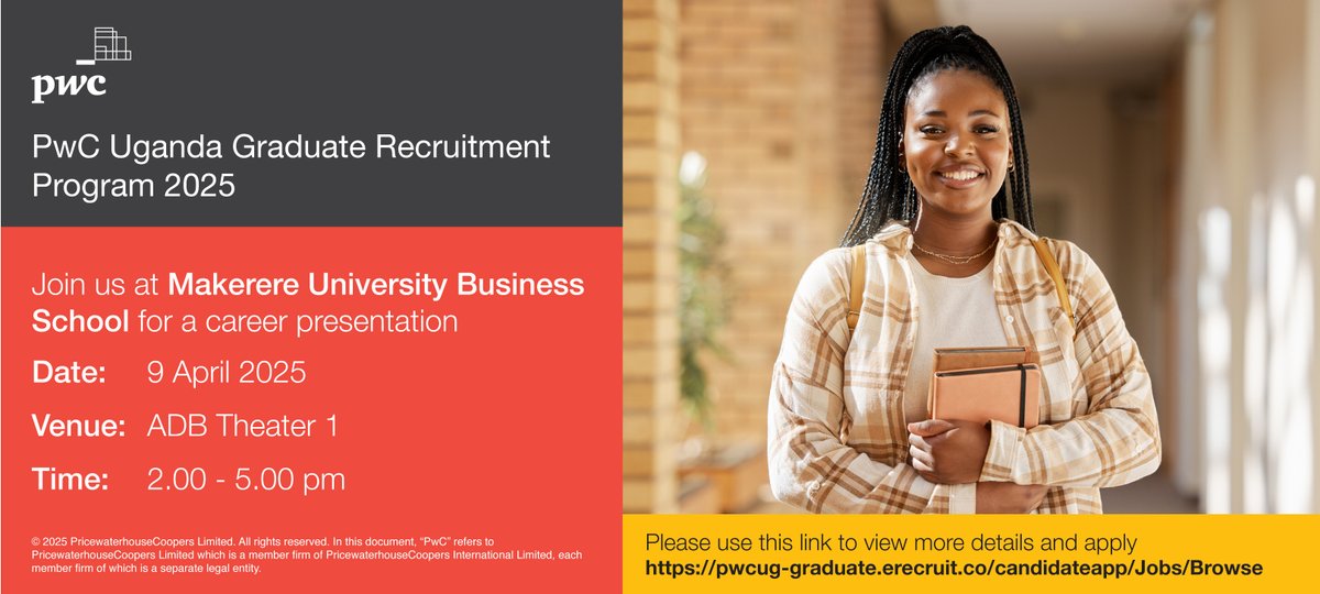 PwC_UG's tweet photo. Graduation is just the beginning of your learning journey. At #PwC, we provide continuous growth opportunities. Join us to learn more about our company and explore exciting career prospects with us.
#PwCUG2025Grads #communityofsolvers #Graduate #Recruitment https://t.co/vYIC7xCc2r