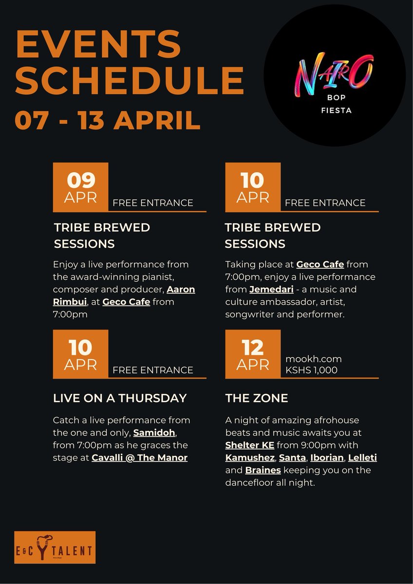NairoBopFiesta's tweet photo. β¨ Your Weekly Plug is HERE! β¨
April 7th to 13th, Nairobiβs streets are buzzing and weβve got your all-access pass to the vibe.
This is the soft life plan before we drop The Weekend Bender.
So save this, share it, and start planning that outfit. You know you wanna step out! https://t.co/WhGGt9WvSG
