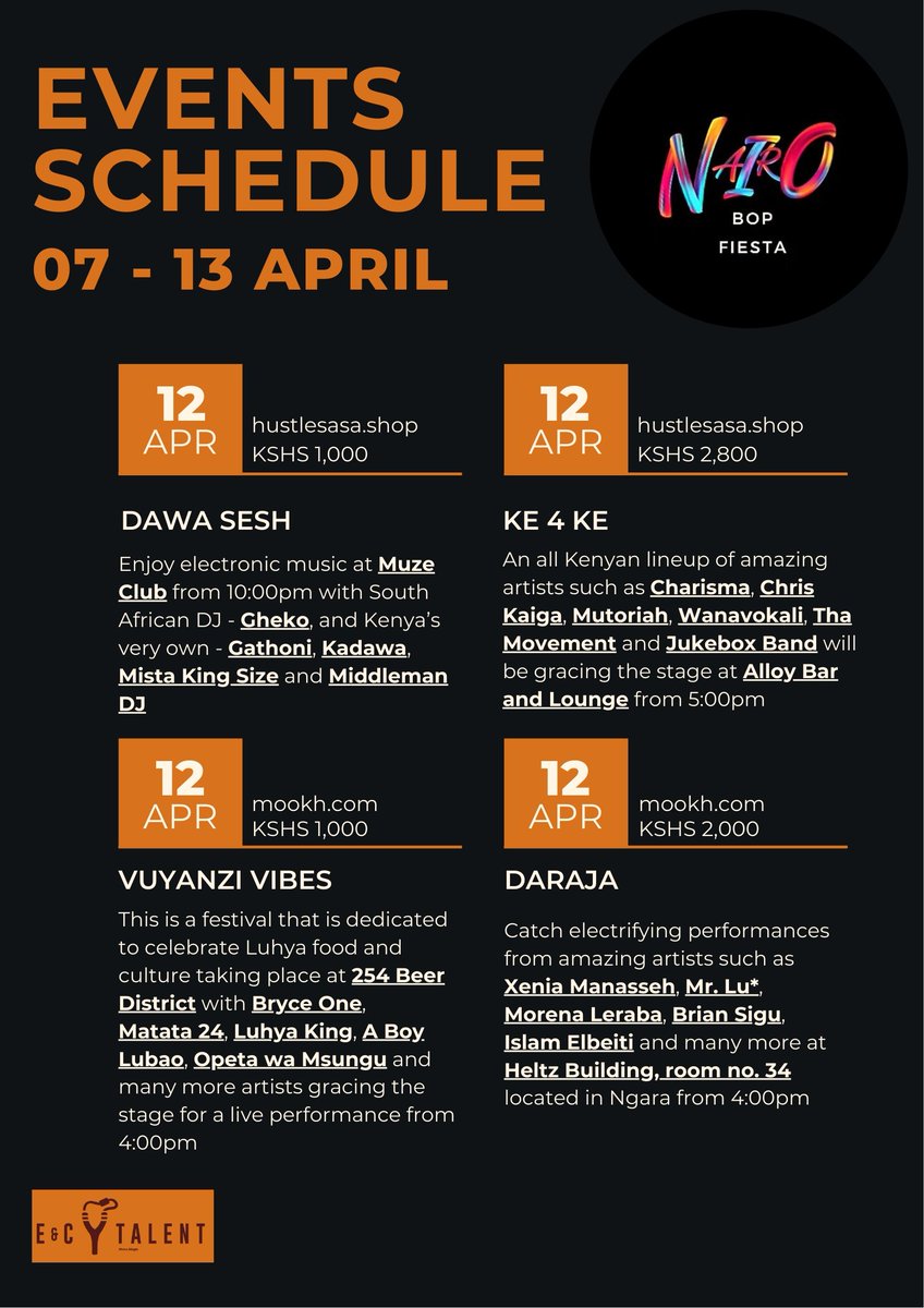 NairoBopFiesta's tweet photo. β¨ Your Weekly Plug is HERE! β¨
April 7th to 13th, Nairobiβs streets are buzzing and weβve got your all-access pass to the vibe.
This is the soft life plan before we drop The Weekend Bender.
So save this, share it, and start planning that outfit. You know you wanna step out! https://t.co/WhGGt9WvSG