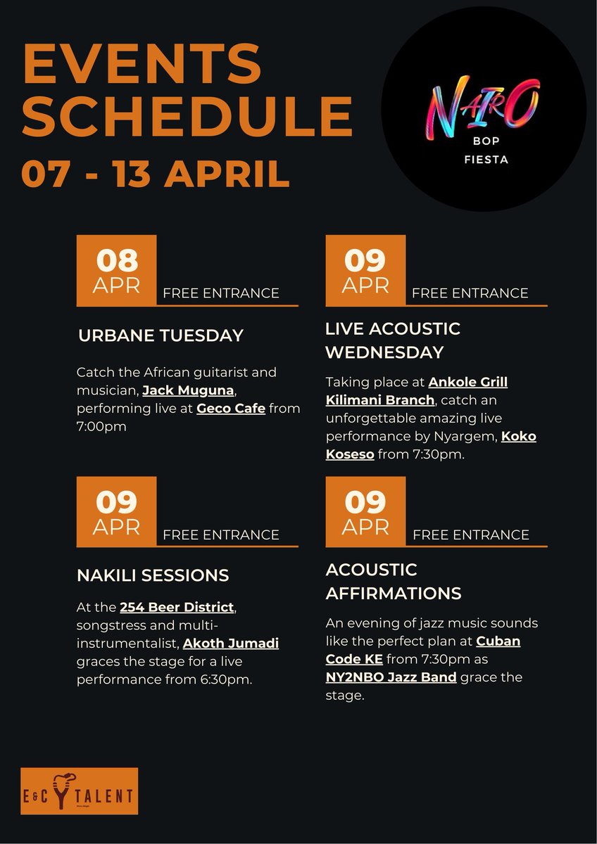 NairoBopFiesta's tweet photo. β¨ Your Weekly Plug is HERE! β¨
April 7th to 13th, Nairobiβs streets are buzzing and weβve got your all-access pass to the vibe.
This is the soft life plan before we drop The Weekend Bender.
So save this, share it, and start planning that outfit. You know you wanna step out! https://t.co/WhGGt9WvSG
