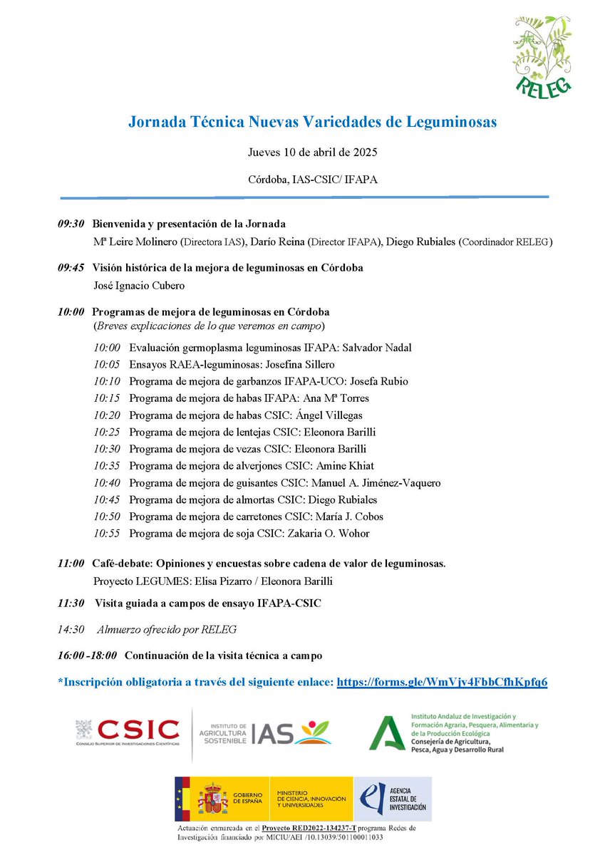IAS_CSIC's tweet photo. 📢 ☘️🌿Jornada Técnica Nuevas Variedades de Leguminosas @RELEG_2023
📆 10 abril
📌 Campus Alameda del Obispo, Avda. Menéndez Pidal, Córdoba
⏰ desde las 09:30 horas
#cienciaparalaagricultura #CSIC @CSICdivulga @IAS_CSIC @PDResistLab @DiegoRubiales_ #RELEG @AELeguminosas 👇 https://t.co/ihEglDKlF1
