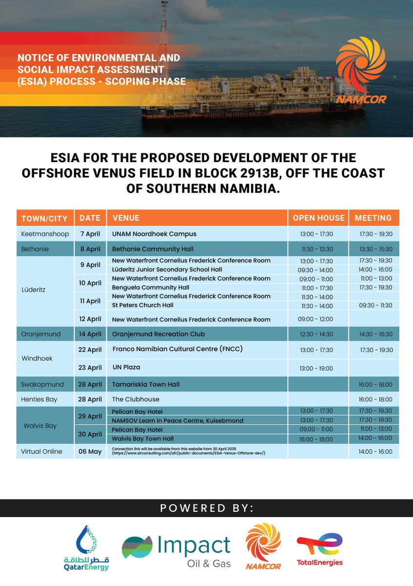 Notice of Environmental &amp; Social Impact Assessment (ESIA) 

We’ll be hosting open house sessions and public meetings in various towns throughout April and early May 2025.

This is your chance to learn more, ask questions, and share your views.

#NAMCOR
#ESIA
