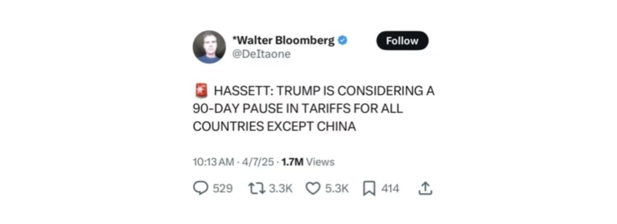 Russian Market on X: "I don't think the Swiss blogger Walter Bloomberg  @DeItaone deliberately spread that fake tweet about a 90-day pause.  @carlquintanilla He is known for quickly reposting Reuters or Bloomberg
