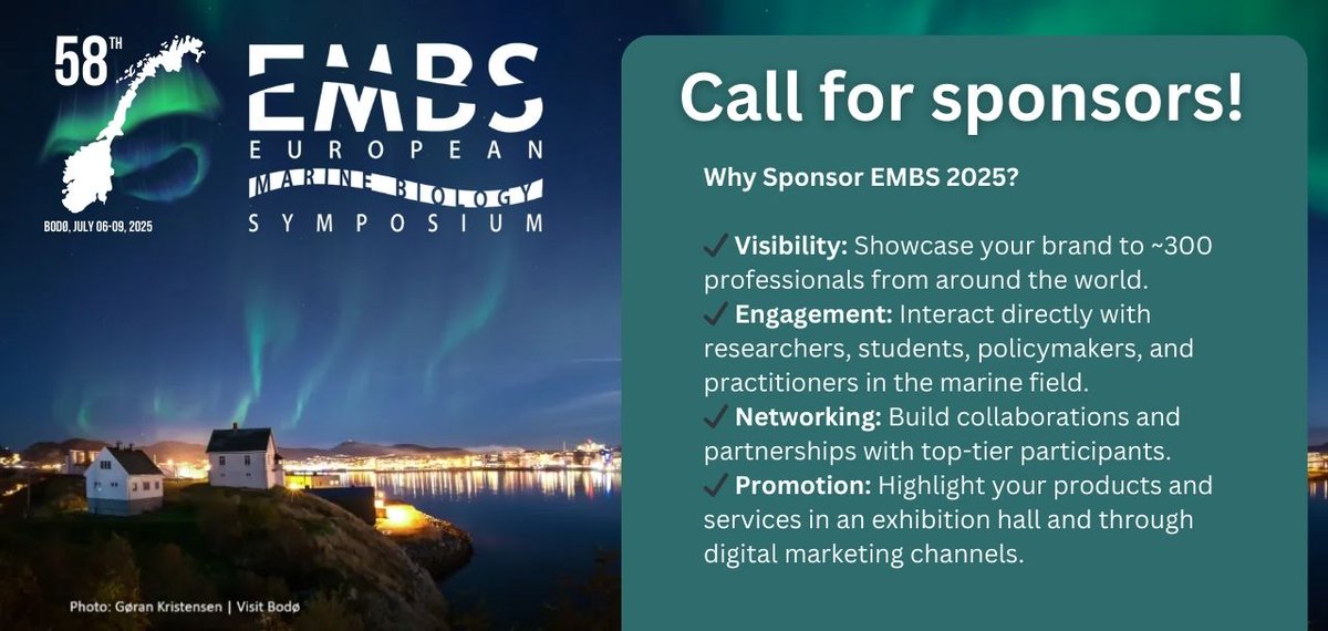 🌊 Become a Sponsor of EMBS 2025! 🔬🤝

We’re currently welcoming sponsors and partners for the 58th European Marine Biology Symposium, taking place 6–9 July 2025 in Bodø, Norway.

embs-symposium.com/sponsors