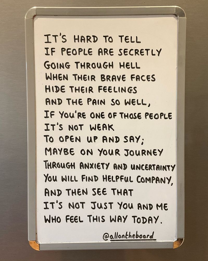 All On The Board (@allontheboard) on Twitter photo It's not weak to open up and say, It's not just you and me who feel this way.
<a href="/allontheboard/">All On The Board</a>
#MentalHealth #allontheboard It's not weak to open up and say, It's not just you and me who feel this way.
<a href="/allontheboard/">All On The Board</a>
#MentalHealth #allontheboard