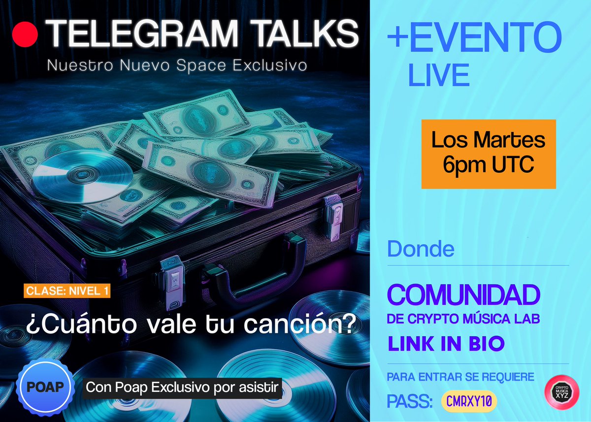 crypto_musica's tweet photo. 🚨 ¡Atención, Atención! 🚨

HOY tenemos un:

🎙️ "TELEGRAM TALKS" 🎙️
¿Cuánto vale tu canción? 🎶

¡Descodificando el enigma del valor del arte sonoro en 2025!

Entra hoy: https://t.co/a3vf60NPUM (usa el pass que esta en el poster) https://t.co/rc58fUeyNI