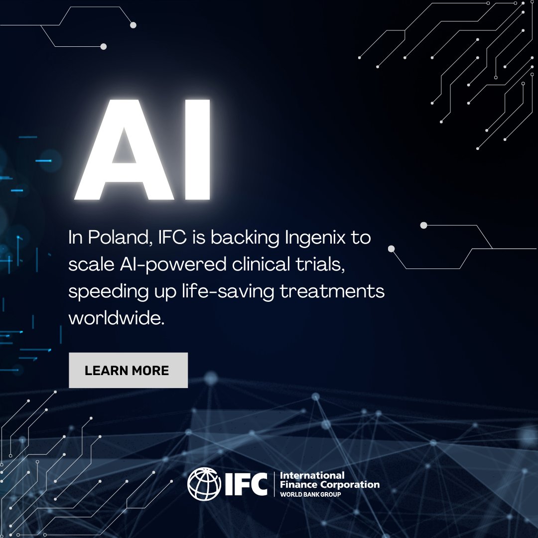 IFC_ECA's tweet photo. 💊 Transforming drug development with AI!
@IFC_org backs #Ingenix, a Polish-based healthcare AI innovator, alongside #InovoVC & #OTBVentures. Their cutting-edge generative AI models predict clinical trial outcomes, accelerating new therapies. https://t.co/p8wd2gof9J https://t.co/QyJgPhiU5t