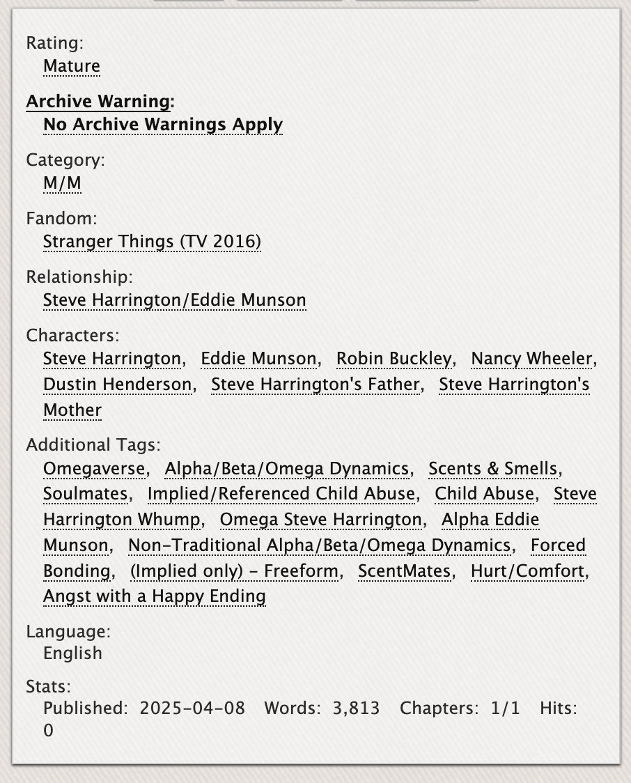 andalways7's tweet image. Scent
Rated M | Scentmates | Hurt/Comfort
#STMMM25 #Steddie

Where in they both smell delicious, but Steve's dad's an asshole and there's a lot of emotions. Hurt with a happy ending :)