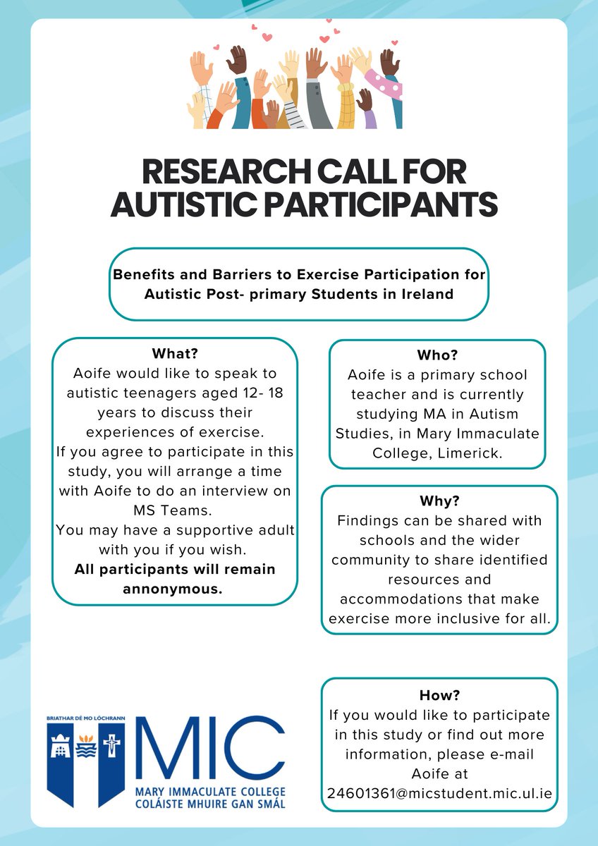 autismcentre's tweet photo. Aoife is a researcher looking to learn more about the barriers and benefits to taking part in exercise for autistic young people. If you know a young person who would like to share their experiences, please get in touch: 24601361@micstudent.mic.ul.ie https://t.co/cUkYnqdoPz