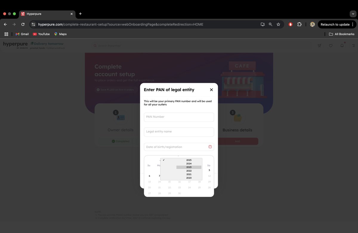 GoyalPrashal's tweet photo. Hey @zomato, [bug alert]: I was registering myself at @ZomatoHyperpure today. However, I could not scroll down to my year. Guess pagination issue here as no scroll bar was present over here, please look into the matter. @deepigoyal @zomatocare #Zomato https://t.co/rl3Fc44gfs