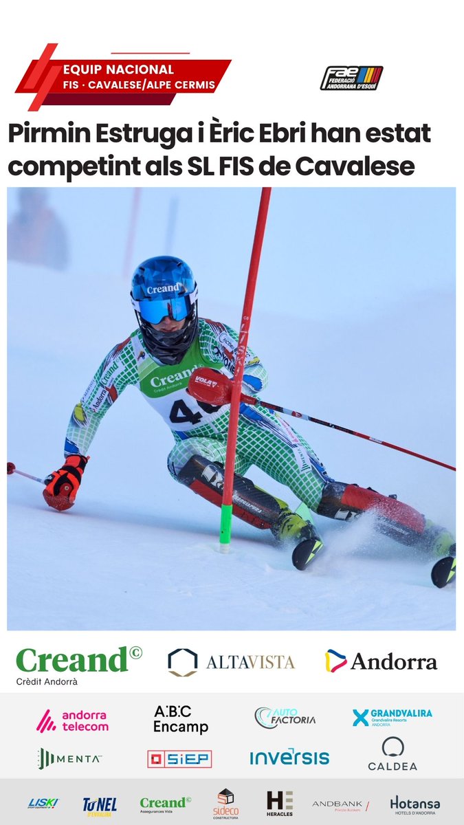 FAEAndorra's tweet photo. ALPÍ · #PirminEstruga i #ÈricEbri, als eslàloms FIS de #Cavalese 🇮🇹.

INFO ✅ https://t.co/RyCOOkHONZ https://t.co/F6nB6YPzKb