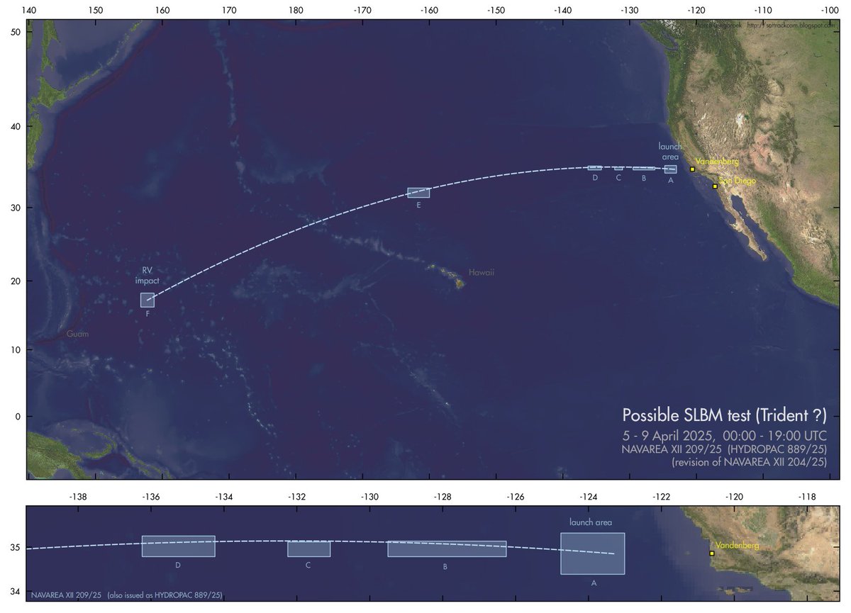 Hans Kristensen (also on Bluesky) (@nukestrat) on Twitter photo The US Navy is about to test-launch a Trident II D5LE (unarmed) nuclear ballistic missile into the Pacific. <a href="/Marco_Langbroek/">Dr Marco Langbroek</a> has the plot.
For more on US nuke arsenal, see our Nuclear Notebook here: tandfonline.com/doi/epdf/10.10… The US Navy is about to test-launch a Trident II D5LE (unarmed) nuclear ballistic missile into the Pacific. <a href="/Marco_Langbroek/">Dr Marco Langbroek</a> has the plot.
For more on US nuke arsenal, see our Nuclear Notebook here: tandfonline.com/doi/epdf/10.10…