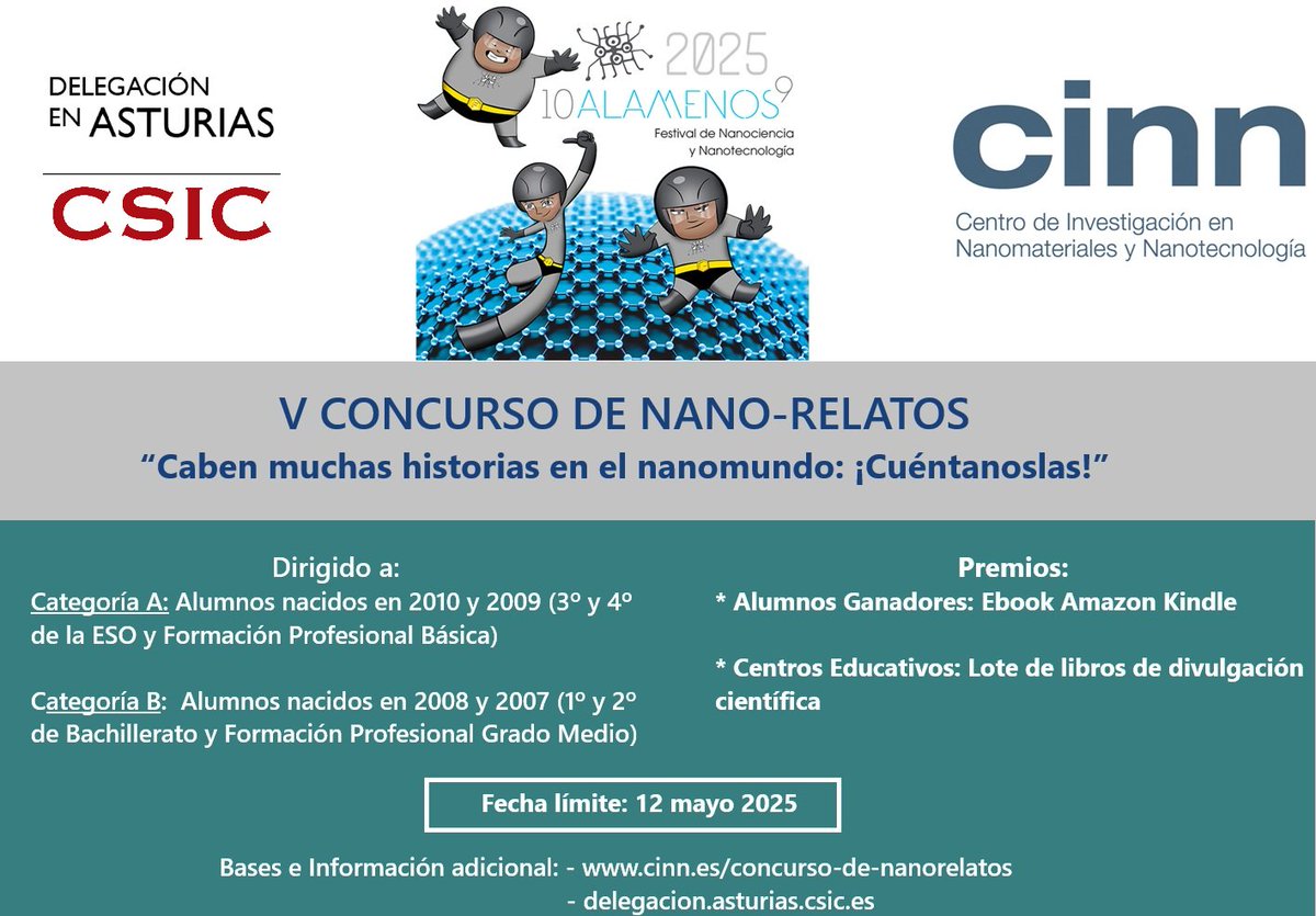 CINN (@nanocinn) on Twitter photo 5 años ya organizando en Asturias el Concurso de #NanoRelatos de <a href="/festnano/">10alamenos9</a>!! Una fantástica iniciativa que fusiona nanociencia y literatura y está dirigida a estudiantes nacidos entre 2007 y 2010. Nos ayudáis a difundirla? <a href="/Educastur/">Consejería de Educación</a> <a href="/asturias4steam/">asturias4steam</a> <a href="/CSICasturias/">CSIC Asturias</a> 5 años ya organizando en Asturias el Concurso de #NanoRelatos de <a href="/festnano/">10alamenos9</a>!! Una fantástica iniciativa que fusiona nanociencia y literatura y está dirigida a estudiantes nacidos entre 2007 y 2010. Nos ayudáis a difundirla? <a href="/Educastur/">Consejería de Educación</a> <a href="/asturias4steam/">asturias4steam</a> <a href="/CSICasturias/">CSIC Asturias</a>