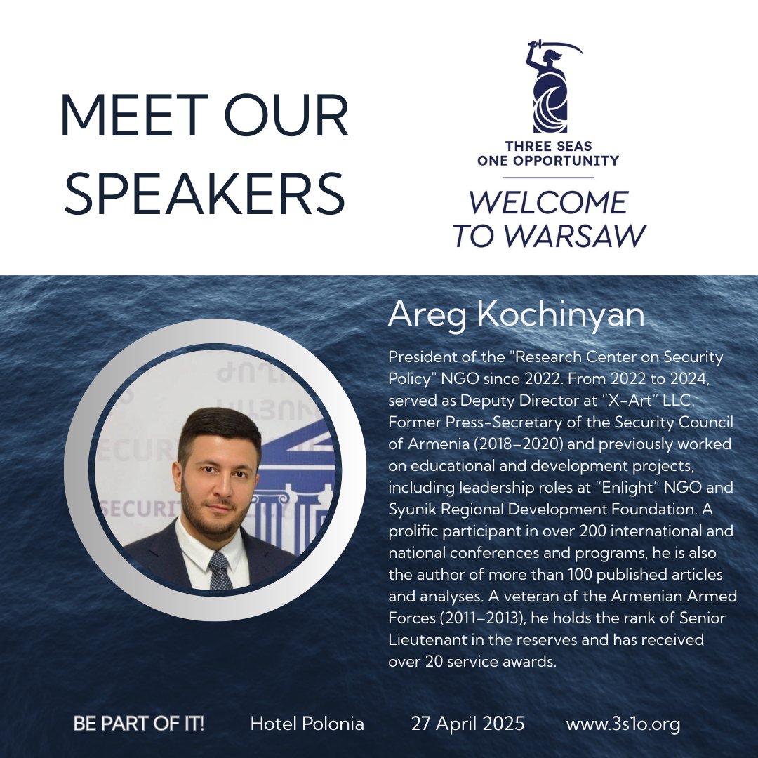 3S1OConference's tweet photo. Moderatorem dyskusji pt. ''Szlaki handlowe w ogniu – logistyka i gospodarka'' będzie @AregKochinyan | RCSP
👉 Agenda: https://t.co/VNr80e7Tdk
👉 Rejestracja: https://t.co/Pzru8gwwpP
#JoinTheEvent #3S1O #WelcomeToWarsaw #April27 #SideEvent #3SISummit2025 https://t.co/OdqPAc6b93