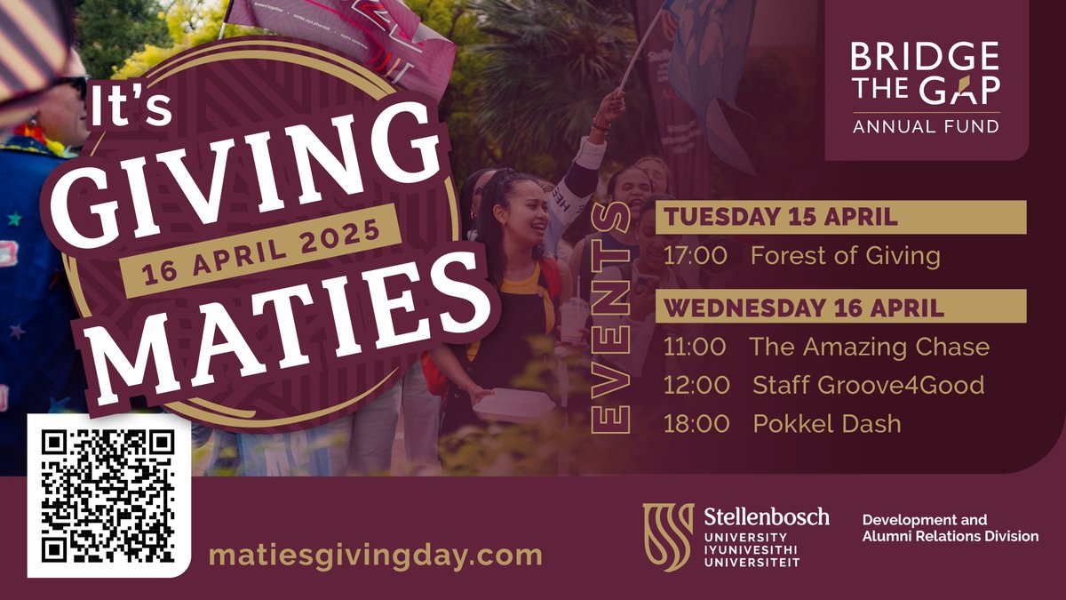 MFM 92.6 (@mfm926) on Twitter photo It’s #GivingMaties season! From 5 Mar–16 Apr, join
<a href="/StellenboschUni/">Stellenbosch University</a>
& the Matie Network to support student success through the #BridgeTheGap fund. Every rand counts. Every student matters. Donate matiesgivingday.com We're proud to be part! #MatiesUnite #SUAlumni It’s #GivingMaties season! From 5 Mar–16 Apr, join
<a href="/StellenboschUni/">Stellenbosch University</a>
& the Matie Network to support student success through the #BridgeTheGap fund. Every rand counts. Every student matters. Donate matiesgivingday.com We're proud to be part! #MatiesUnite #SUAlumni