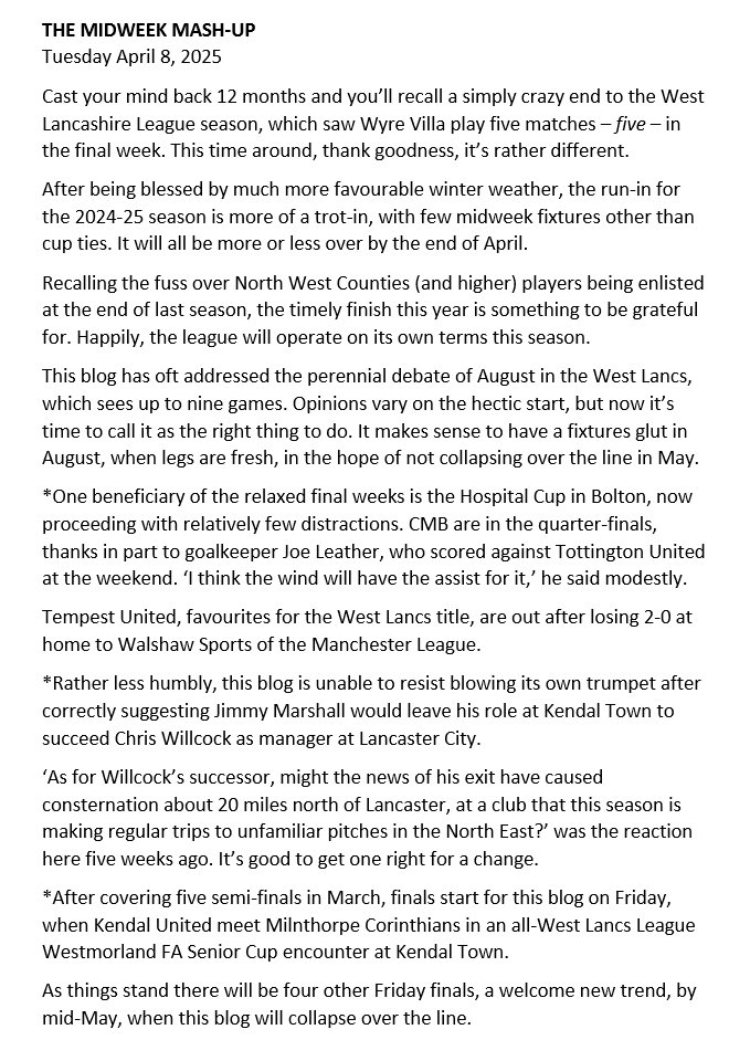 WLancsWanderer's tweet photo. A verdict at last on the @westlancsleague's busy August in this 152nd midweek mash-up.

Also, a rare event in the @hospital_cup, immodesty over @jimmymarshall84 at @LancasterCityFC and a glut of Friday finals begins.

@WestmorlandFA @THEMCRFL @nwcfl #grassrootsfootball #football https://t.co/UJqCrvgNBy