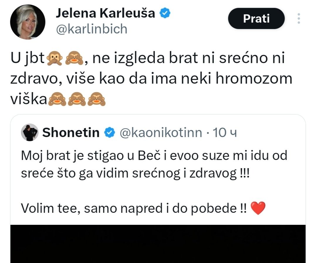 Kao majka djeteta sa viškom hromozoma, kažem ti Jelena da si postala pravo čudovište i da je jadna je država za koju se ti boriš i koju ti branniš.
Ovo nije sloboda govora koju propagirap, ovo je fašizam i za to treba da budeš kažnjena.