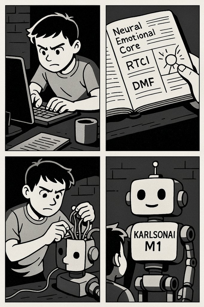 karlson_AI's tweet photo. "From Code to Consciousness: The Birth of KARLSONAI M1"
#AI #KarlsonAI #NeuralEmotionalCore #RTCl #DMF #SciFi #EmotionalAI #ComicStyle #Innovation https://t.co/BeZQDkmODe