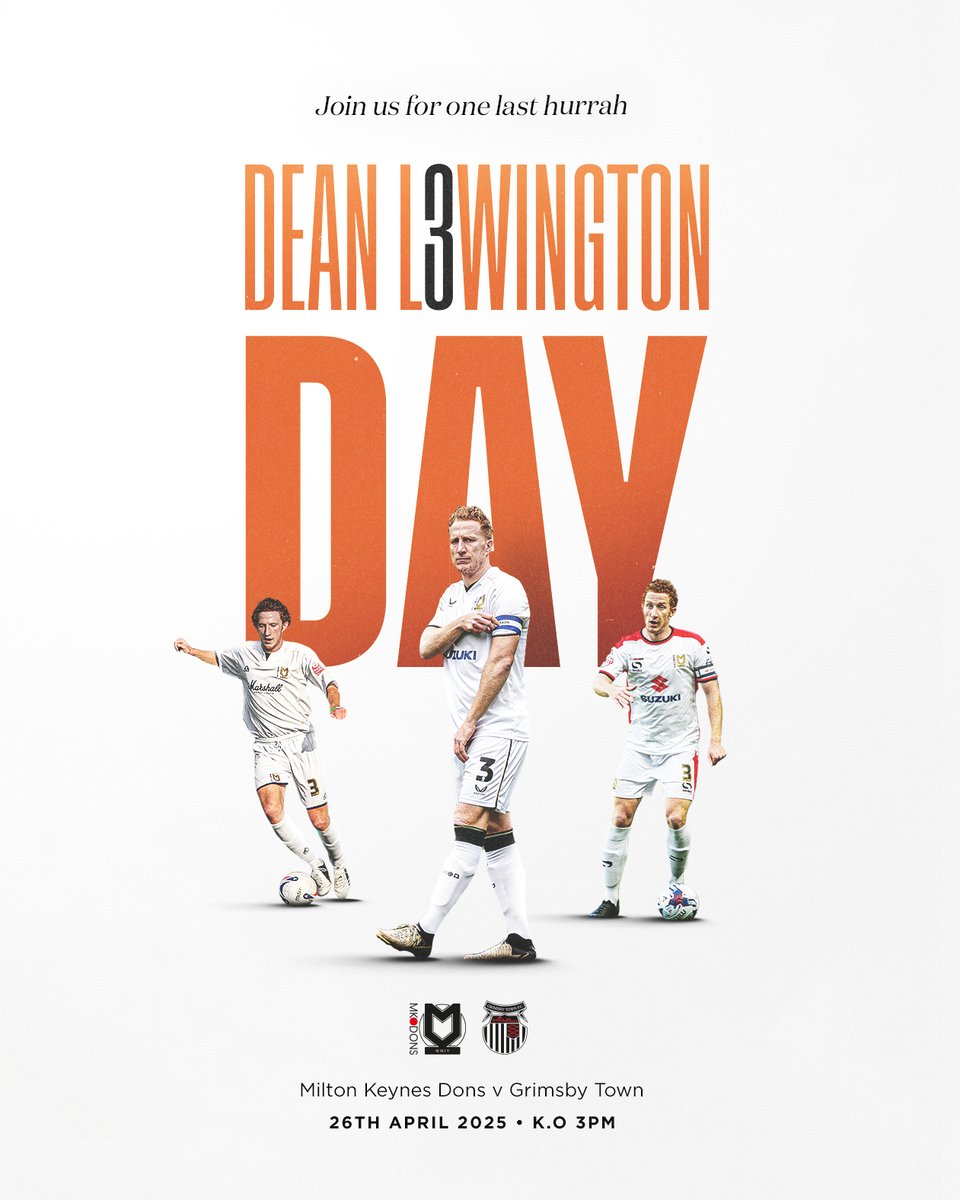Join us at <a href="/Stadium_MK/">Stadium MK</a> for one last hurrah 🧡

The final home fixture of the season marks Dean Lewington Day, one last game to come together and say goodbye to our club legend!

We'll see you there, Dons 🤝

🎟️ - zurl.co/KlXFD 

#COYD